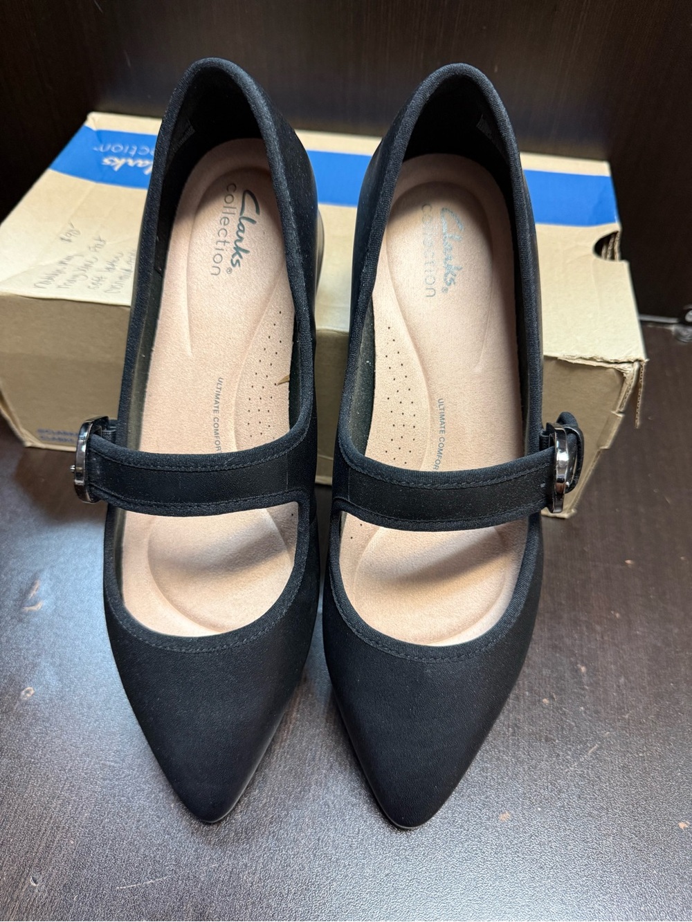 Clarks Black Pointed Mary Jane Flats with Buckle